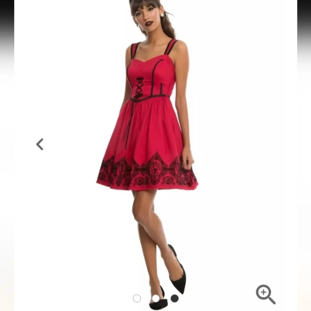 Hot Topic Midi Length Red Dress Black Velvet Skull Details Size Large